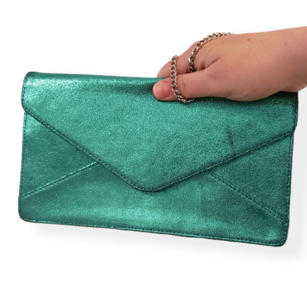 Turquoise metallic leather clutch with chain strap